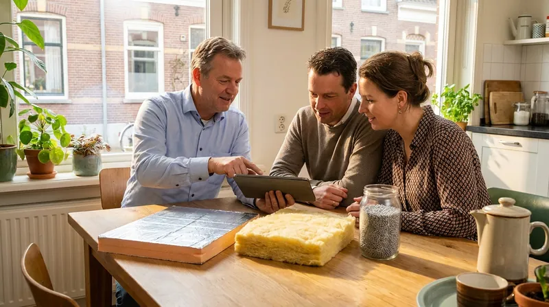 Isolatieadviseur bespreekt aan de keukentafel isolatiemonsters met bewoners