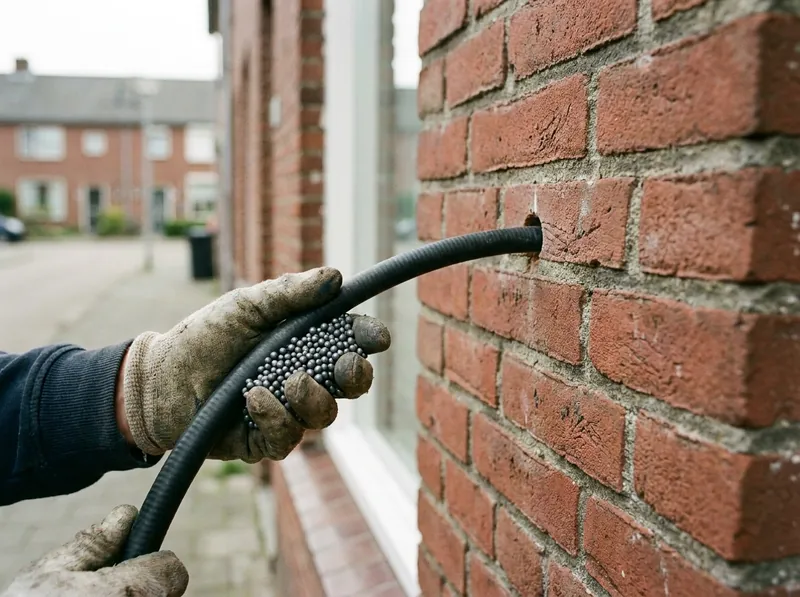 Monteur blaast grijze grafiet EPS-parels (HR++) in de spouwmuur van een woning