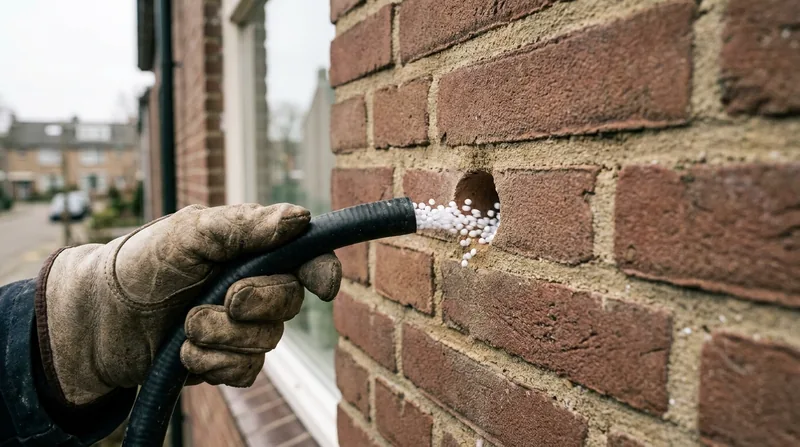 Isolatieparels worden via een geboord gat in de spouwmuur geblazen