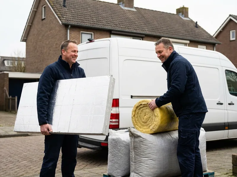 Monteurs van Isolatieroute lossen isolatiemateriaal: PIR-platen, minerale wol en grafiet EPS-parels
