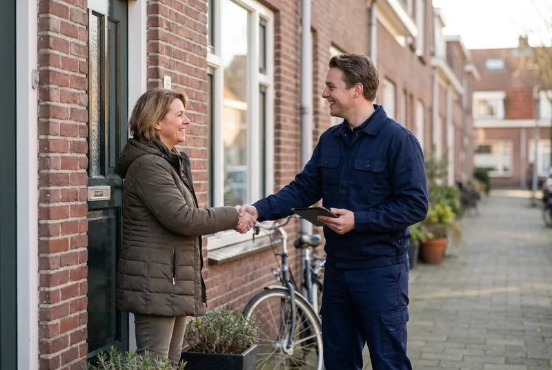 Isolatieadviseur aan de deur bij een woning